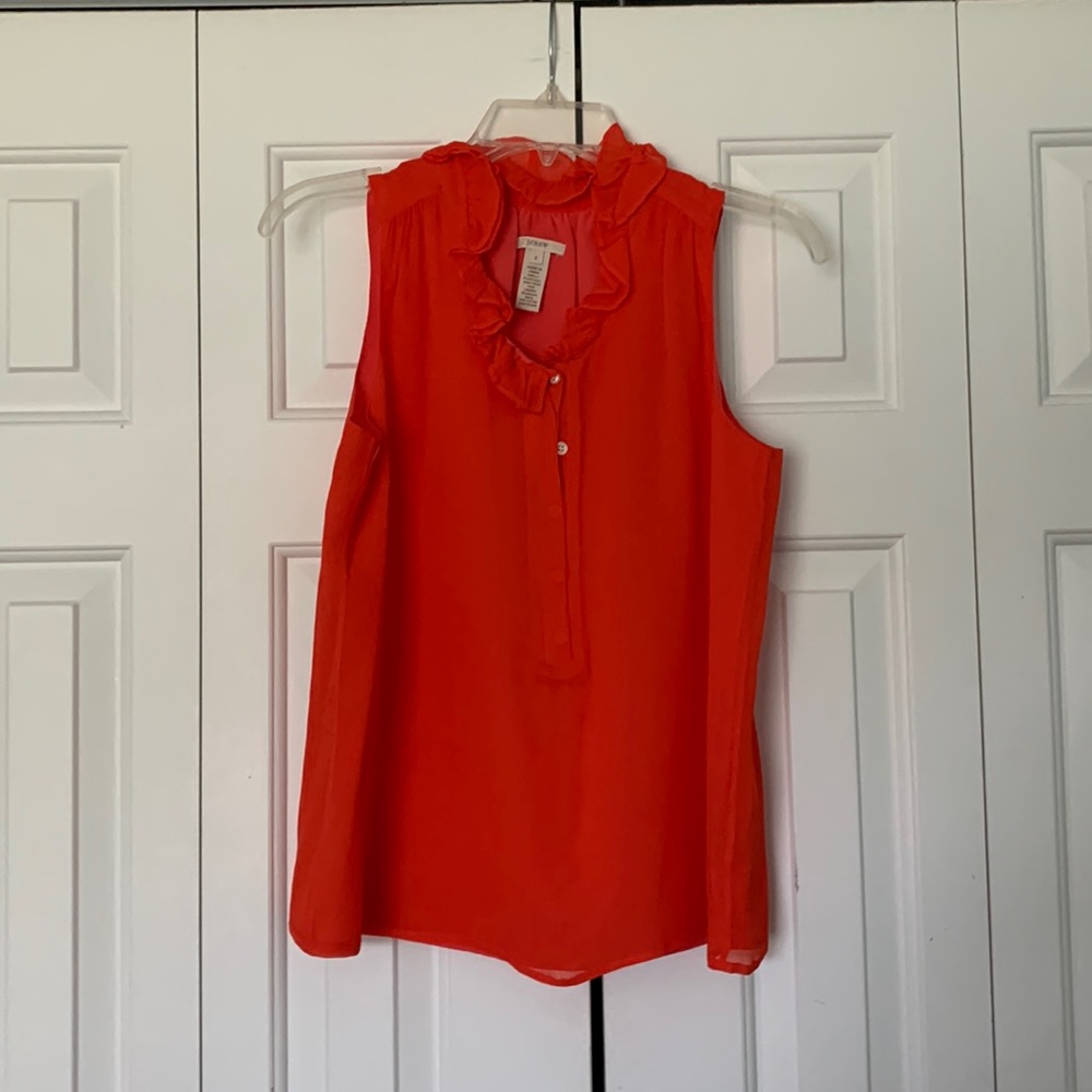 Red Orange Ruffle Neck Button Sleeveless Blouse Top - J. Crew